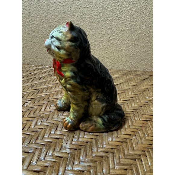 Vintage Porcelain Ceramic Cat Figurine With Red Bow Stands 5" - Picture 2 of 8